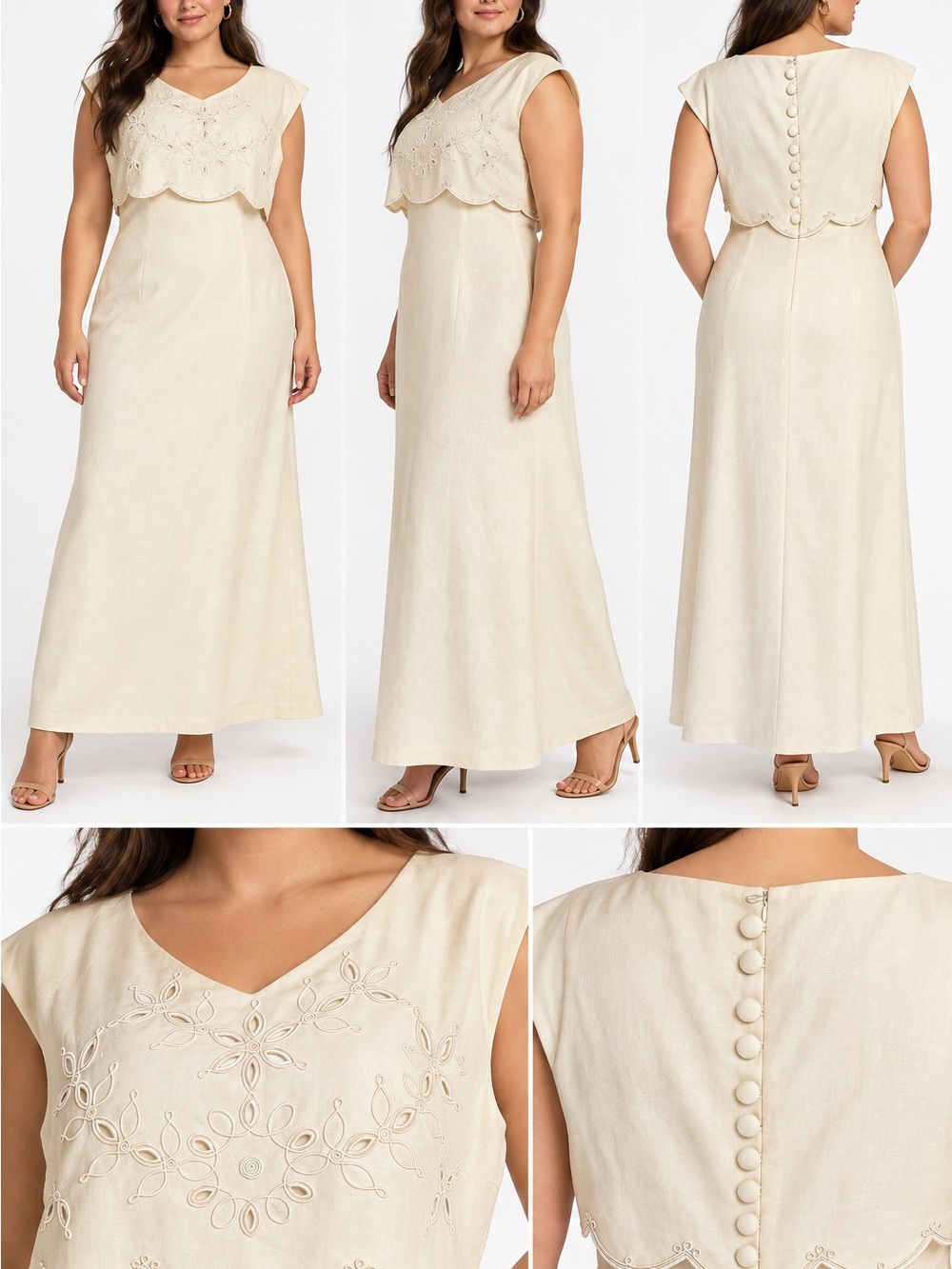 NWT Donna Morgan Linen Embroidered Maxi Dress Ivory Size 14
